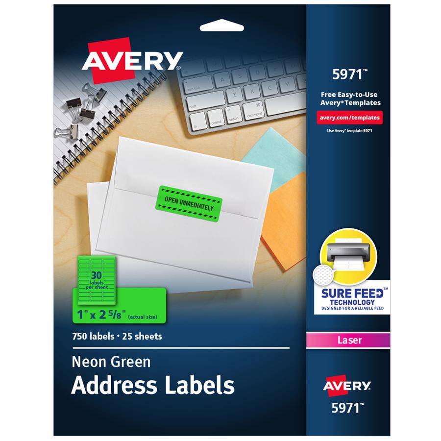 Avery&reg; Shipping Labels - 1" Width x 2 5/8" Length - Permanent Adhesive - Rectangle - Laser - Neon Green - Paper - 30 / Sheet - 25 Total Sheets - 750 Total Label(s) - 750 / Pack. Picture 9