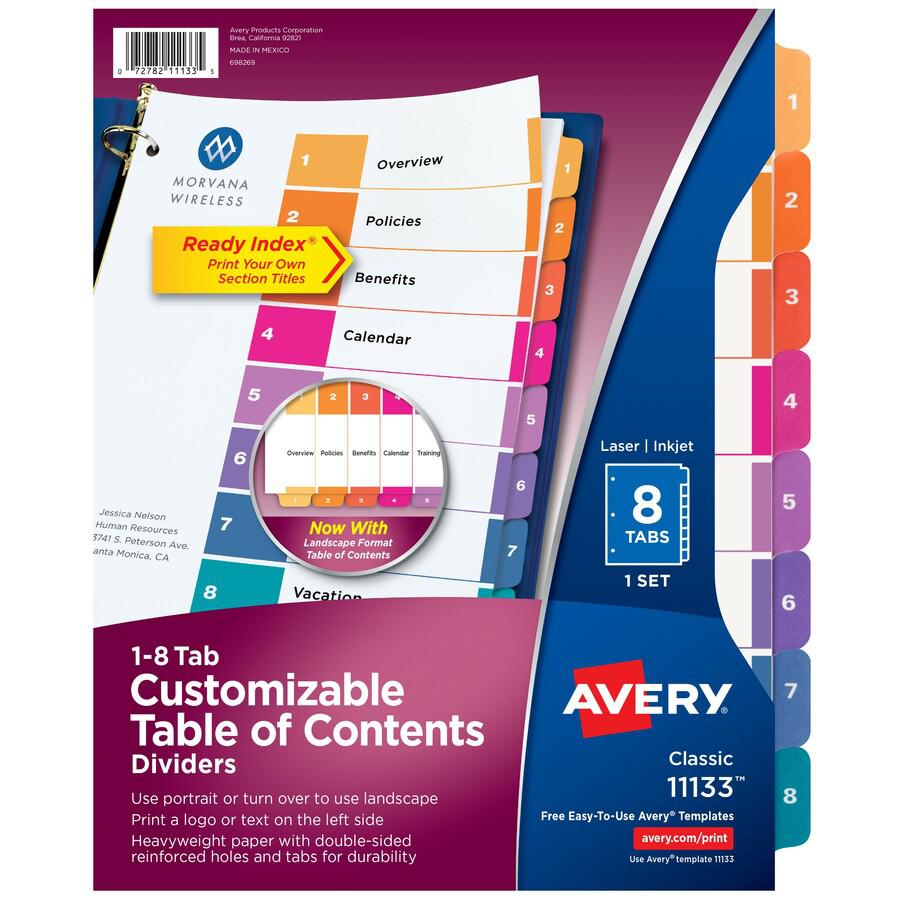 Avery&reg; Ready Index Custom TOC Binder Dividers - 8 x Divider(s) - 1-8 - 8 Tab(s)/Set - 8.5" Divider Width x 11" Divider Length - 3 Hole Punched - White Paper Divider - Multicolor Paper Tab(s) - 8 /. Picture 2