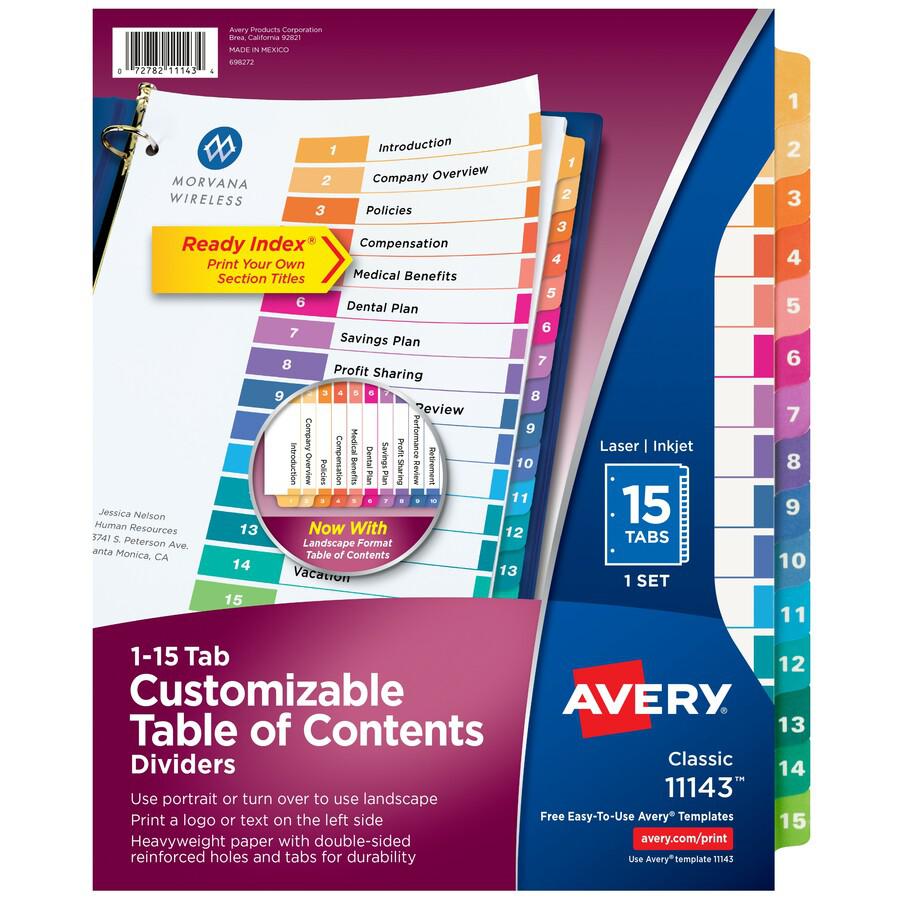 Avery&reg; Ready Index Custom TOC Binder Dividers - 15 x Divider(s) - 1-15 - 15 Tab(s)/Set - 8.5" Divider Width x 11" Divider Length - 3 Hole Punched - White Paper Divider - Multicolor Paper Tab(s) - . Picture 3