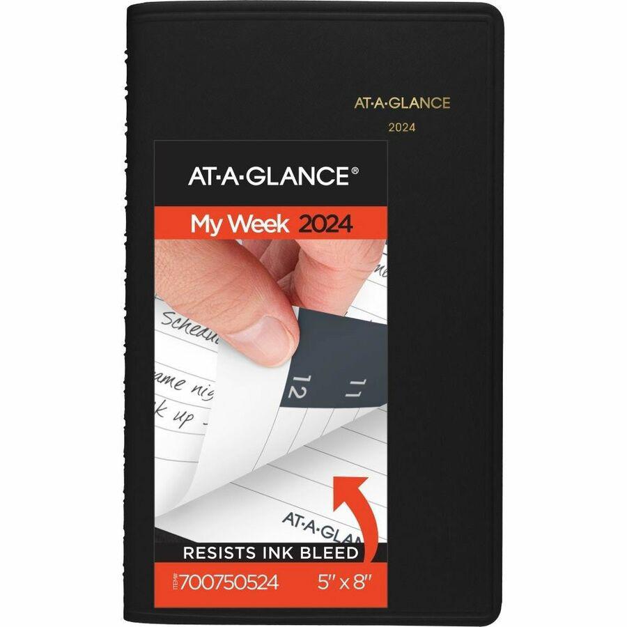 At-A-Glance Appointment Book Planner - Weekly - 1 Year - January 2024 - December 2024 - 8:00 AM to 5:00 PM - Hourly - 1 Week Double Page Layout - 4 7/8" x 8" Sheet Size - Black - Faux Leather - Pocket. Picture 2