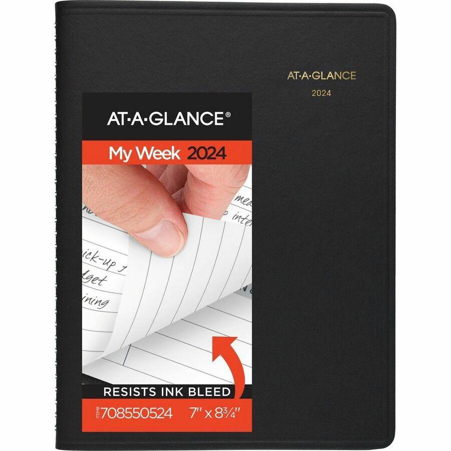 At-A-Glance Open Scheduling Planner - Medium Size - Julian Dates - Weekly - 1 Year - January 2024 - December 2024 - 1 Week Double Page Layout - 6 3/4" x 8 3/4" White Sheet - Wire Bound - Black - Faux . Picture 2