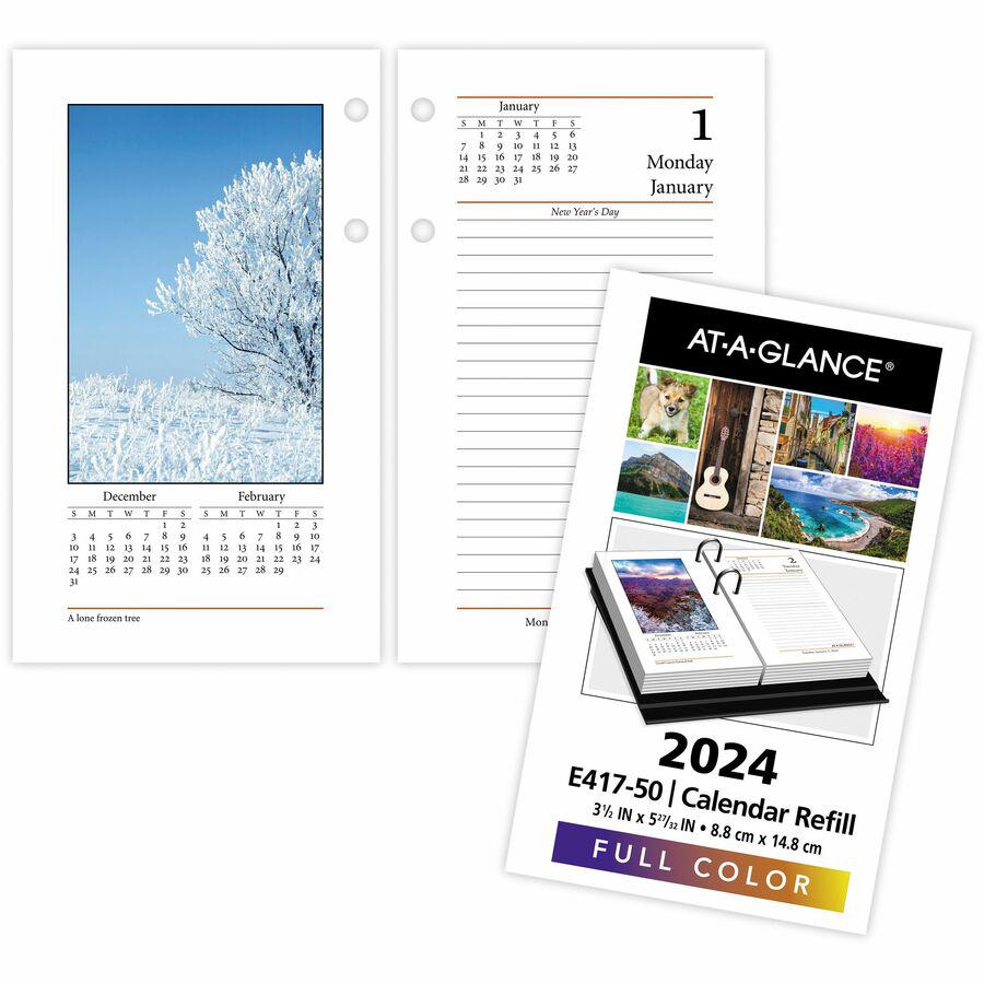 At-A-Glance Photographic Loose-Leaf Desk Calendar Refill - Standard Size - Julian Dates - Daily - 12 Month - January 2024 - December 2024 - 1 Day Double Page Layout - 3 1/2" x 6" White Sheet - 2-ring . Picture 2