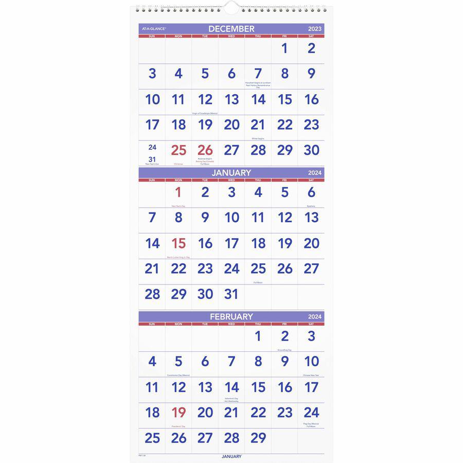 At-A-Glance 3-Month Reference Vertical Wall Calendar - Large Size - Monthly - 14 Month - December 2023 - January 2025 - 3 Month Single Page Layout - 12" x 27" White Sheet - Wire Bound - White - Paper,. Picture 2