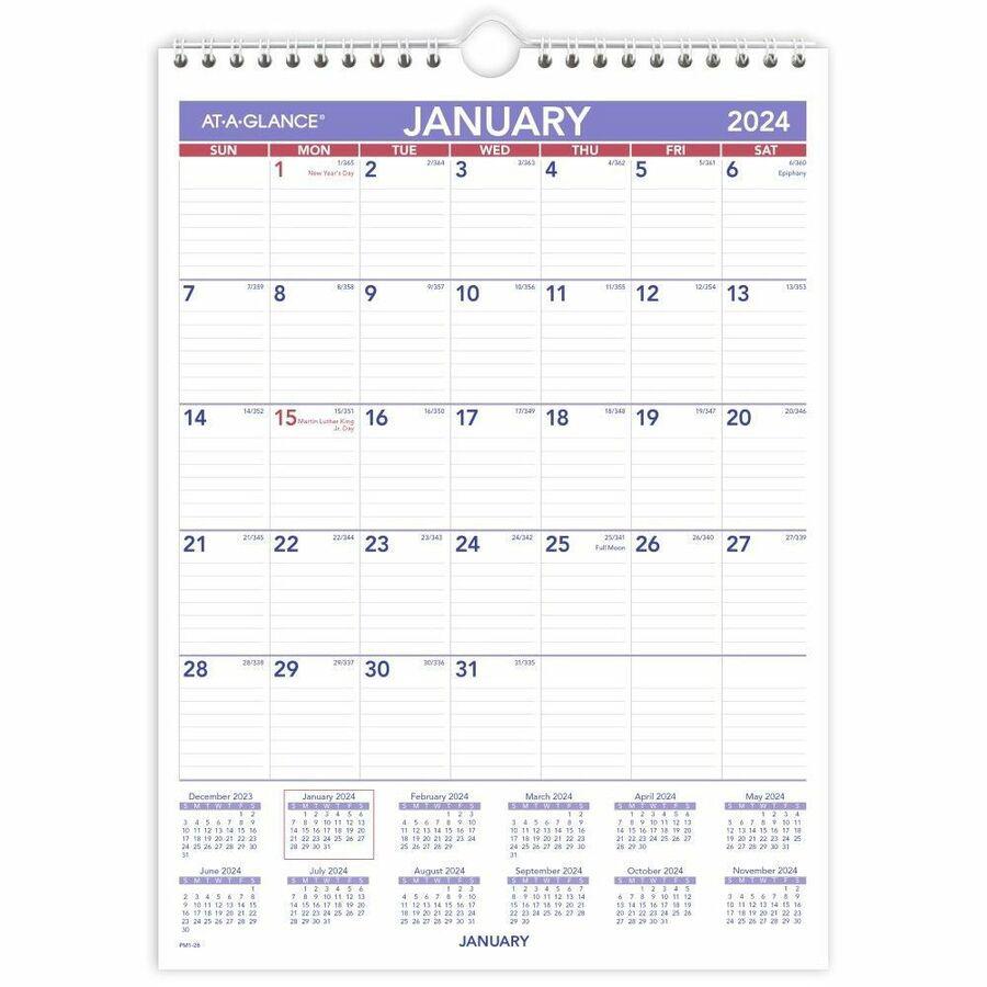At-A-Glance Wall Calendar - Small Size - Julian Dates - Monthly - 12 Month - January 2024 - December 2024 - 1 Month Single Page Layout - 8" x 11" White Sheet - 1.06" x 1.50" Block - Wire Bound - White. Picture 2