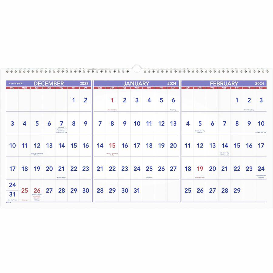 At-A-Glance 3-Month Horizontal Wall Calendar - Large Size - Monthly - 15 Month - December 2023 - February 2025 - 3 Month Single Page Layout - 12" x 24" White Sheet - Wire Bound - Blue, White - Chipboa. Picture 2