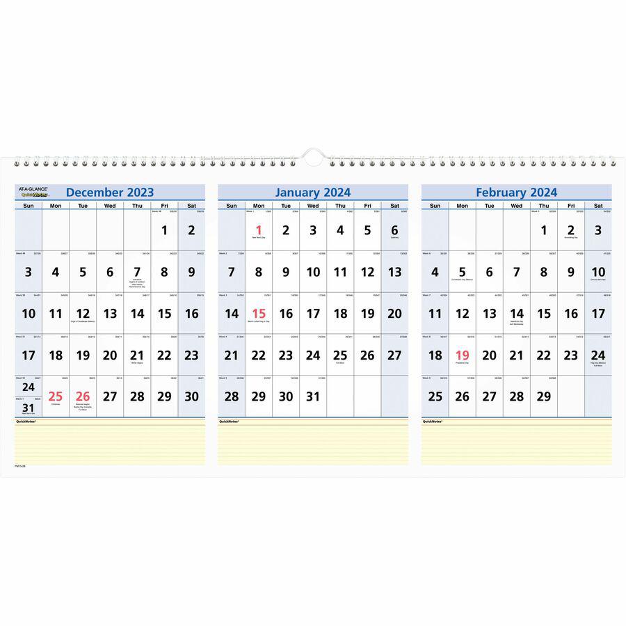 At-A-Glance QuickNotes Three Month Horizontal Wall Calendar - Large Size - Julian Dates - Monthly - 15 Month - December 2023 - February 2025 - 3 Month Single Page Layout - 12" x 24" White Sheet - Wire. Picture 2