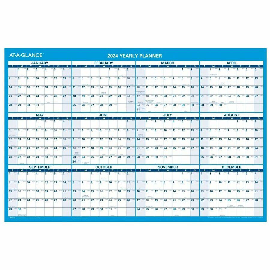 At-A-Glance Horizontal Reversible Erasable Wall Calendar - Large Size - Julian Dates - Yearly - 12 Month - January 2024 - December 2024 - 36" x 24" White Sheet - 1.25" x 1.25" Block - Blue, Gray - Lam. Picture 2