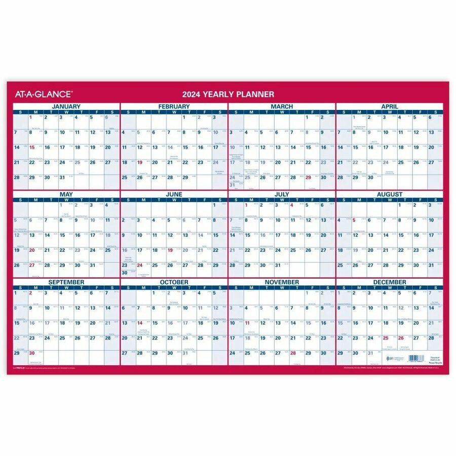 At-A-Glance Vertical Horizontal Reversible Wall Calendar - Large Size - Julian Dates - Yearly - 12 Month - January 2024 - December 2024 - 36" x 24" White Sheet - 1.25" x 1.25" , 1.38" Block - Blue, Wh. Picture 2