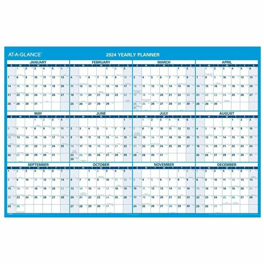 At-A-Glance Horizontal Reversible Erasable Wall Calendar - Extra Large Size - Julian Dates - Yearly - 12 Month - January 2024 - December 2024 - 48" x 32" White Sheet - 1.63" x 1.50" Block - Gray - Lam. Picture 2