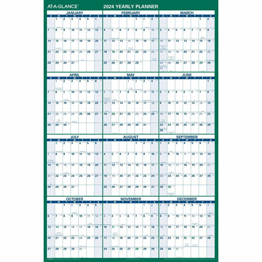At-A-Glance Reversible Wall Calendar - Yearly - 12 Month - January 2024 - December 2024 - 32" x 48" Sheet Size - Green - Erasable, Laminated, Write on/Wipe off - 1 Each. Picture 4
