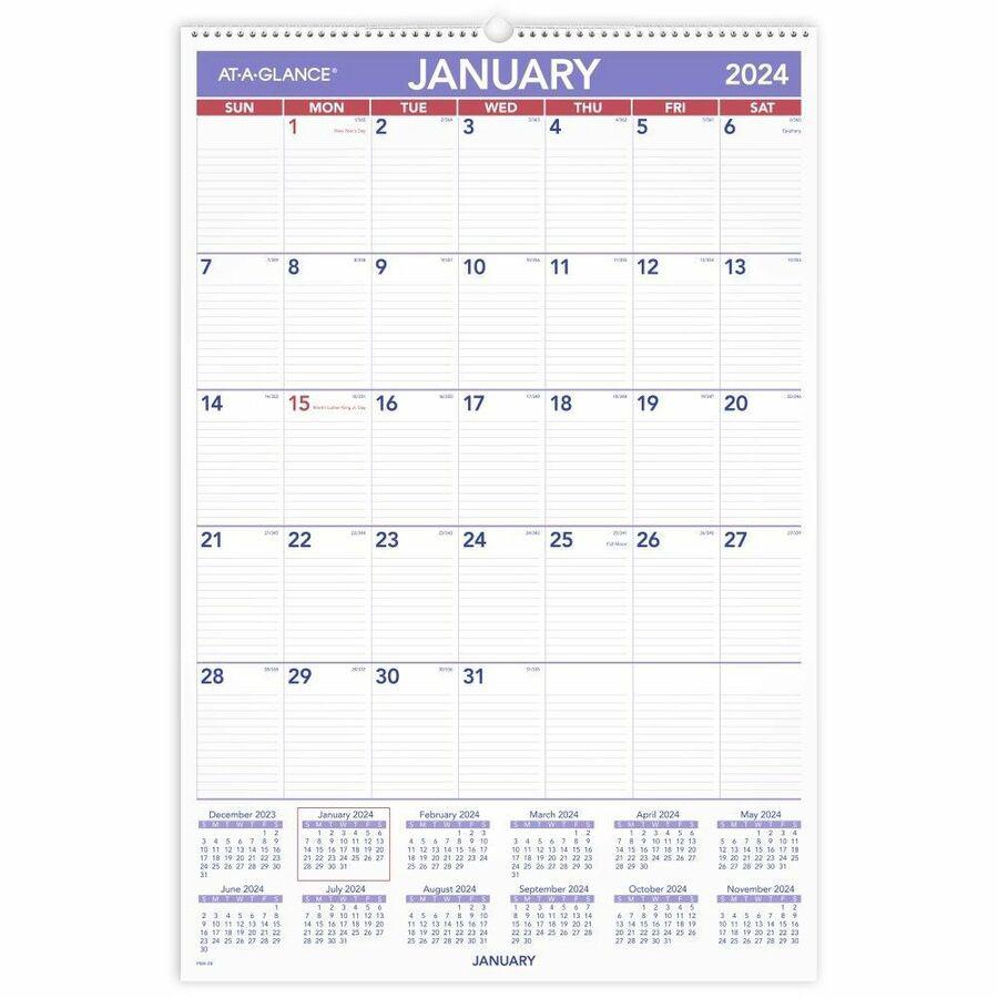 At-A-Glance Wall Calendar - Large Size - Julian Dates - Monthly - 12 Month - January 2024 - December 2024 - 1 Month Single Page Layout - 20" x 30" White Sheet - 2.69" x 4.38" Block - Wire Bound - Whit. Picture 2