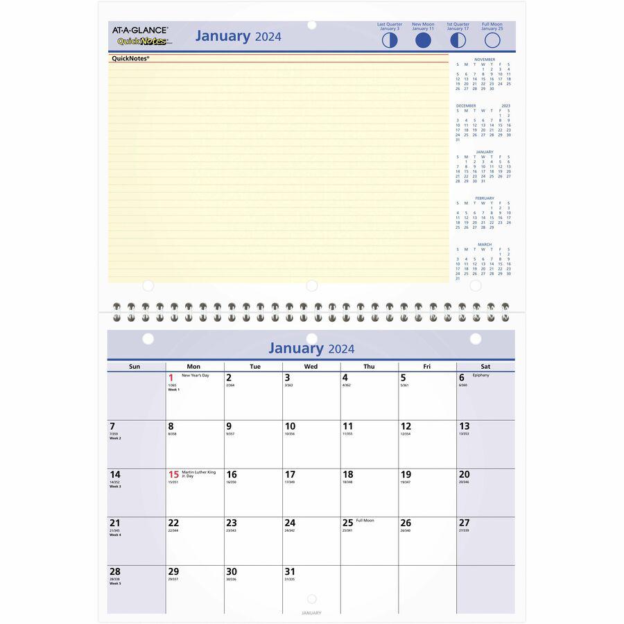 At-A-Glance QuickNotes Desk Wall Calendar - Small Size - Julian Dates - Monthly - 12 Month - January 2024 - December 2024 - 1 Month Single Page Layout 1 Month Double Page Layout - 11" x 8" White Sheet. Picture 2