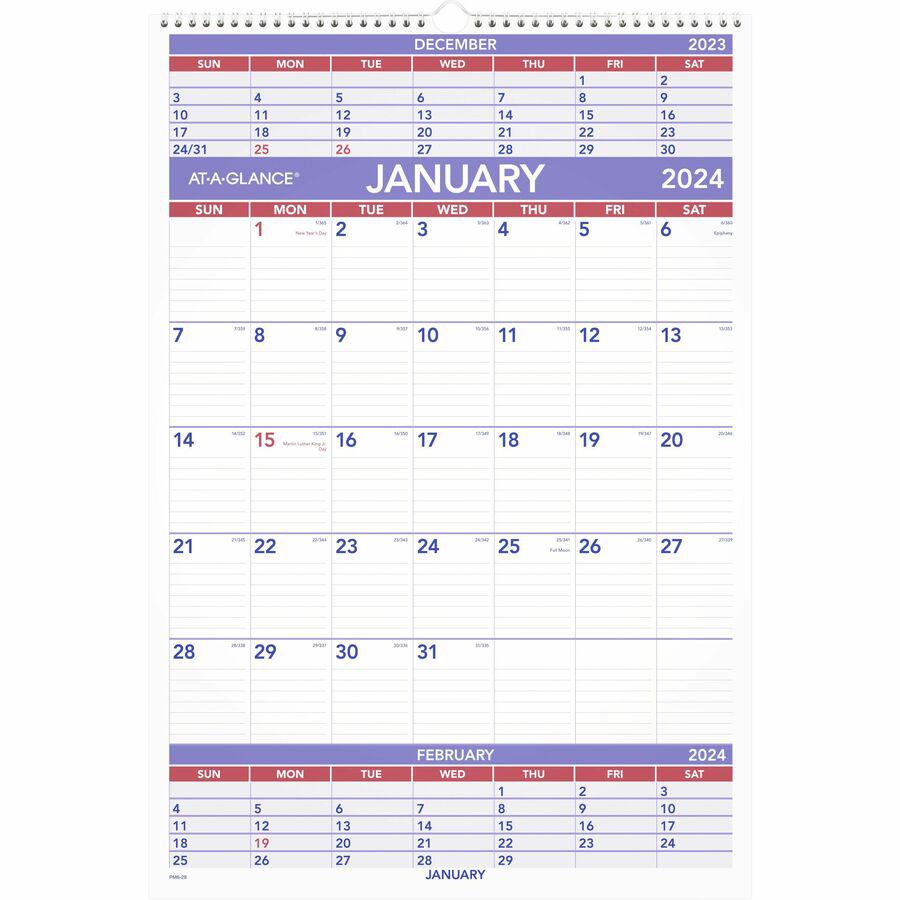 At-A-Glance 3-Month Wall Calendar - Large Size - Julian Dates - Monthly - 12 Month - January 2024 - December 2024 - 3 Month Single Page Layout - 15 1/2" x 22 3/4" White Sheet - 2" x 2.50" Block - Wire. Picture 2