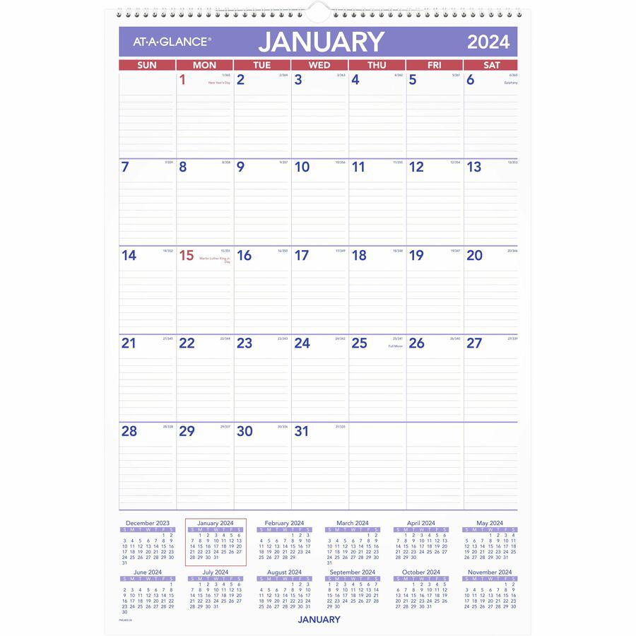 At-A-Glance Erasable Wall Calendar - Large Size - Julian Dates - Monthly - 12 Month - January 2024 - December 2024 - 1 Month Single Page Layout - 15 1/2" x 22 3/4" White Sheet - 2.06" x 3.31" Block - . Picture 2