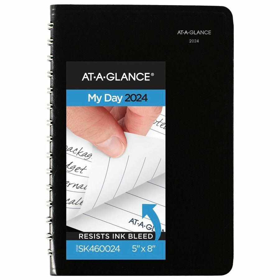 DayMinder 2024 Basic Daily Planner, Black, Small, 5" x 8" - Small Size - Julian Dates - Daily - 12 Month - January 2024 - December 2024 - 1 Day Single Page Layout - 5" x 8" White Sheet - Wire Bound - . Picture 2