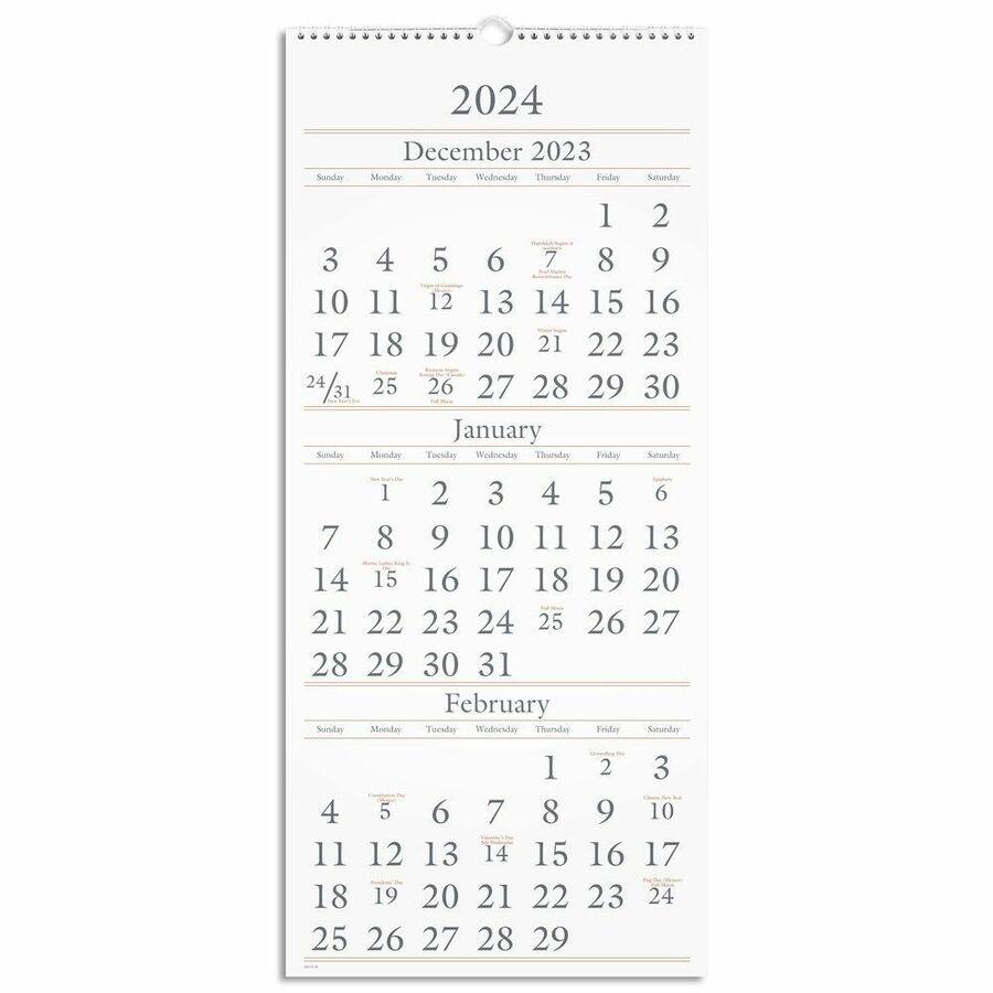 At-A-Glance 3-Month Wall Calendar - Large Size - Monthly - 15 Month - December 2023 - February 2025 - 3 Month Single Page Layout - 12" x 27" White Sheet - Wire Bound - Blue, White - Paper - Hanging Lo. Picture 2