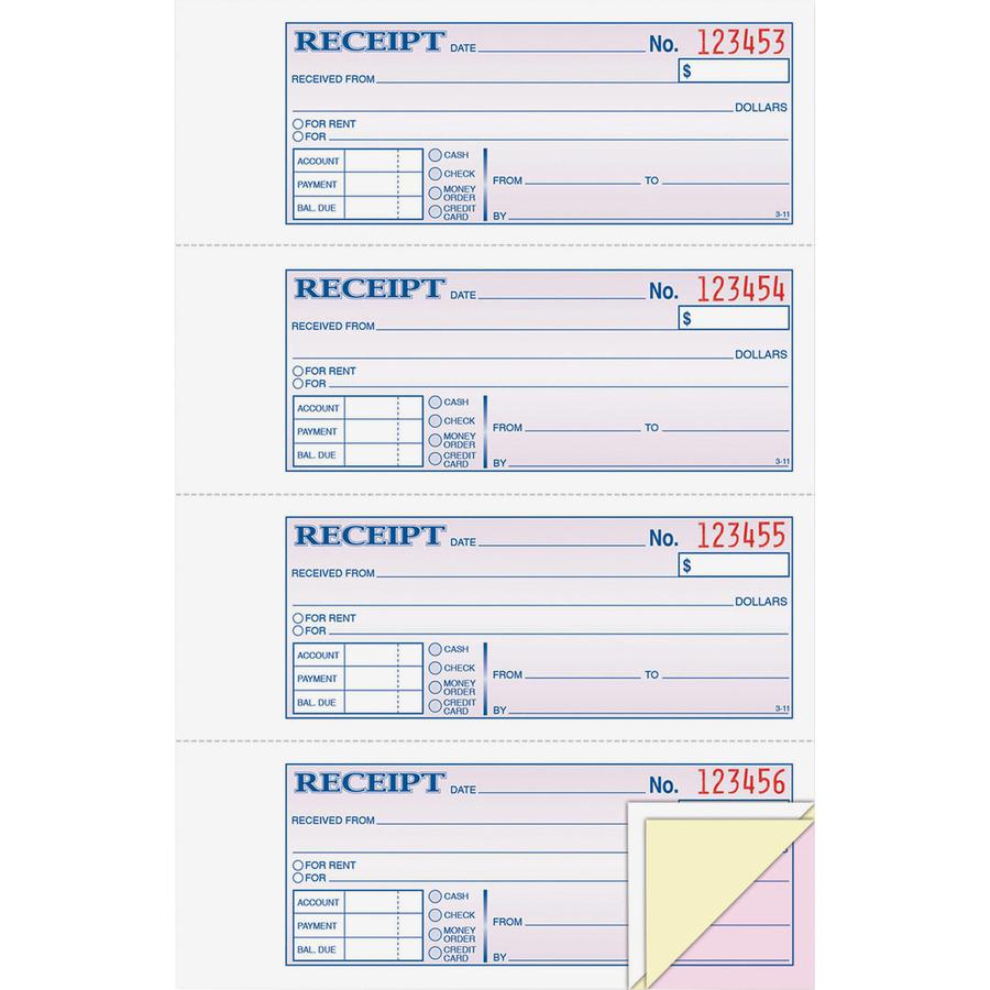 Adams Tapebound 3-part Money Receipt Book - 100 Sheet(s) - Tape Bound - 3 PartCarbonless Copy - 2.75" x 7.62" Form Size - White, Canary, Pink - Assorted Sheet(s) - 1 Each. Picture 6