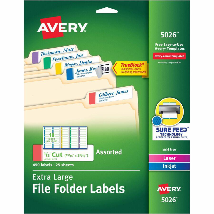 Avery&reg; Extra-Large File Folder Labels - 15/16" Width x 3 7/16" Length - Permanent Adhesive - Rectangle - Laser, Inkjet - Blue, Green, Purple, Red, Yellow - Paper - 18 / Sheet - 25 Total Sheets - 4. Picture 11