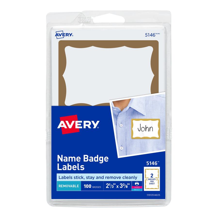 Avery&reg; Border Print or Write Name Tags - 2 11/32" Width x 3 3/8" Length - Removable Adhesive - Rectangle - Laser, Inkjet - White, Gold - Paper - 2 / Sheet - 50 Total Sheets - 100 Total Label(s) - . Picture 3