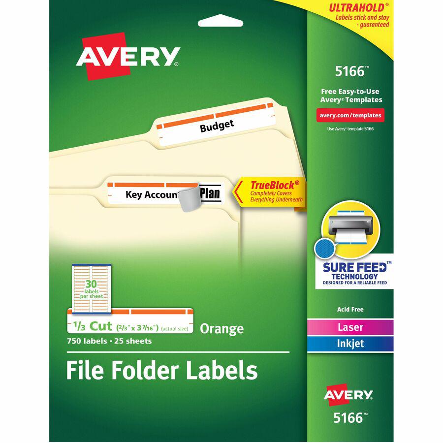 Avery&reg; TrueBlock File Folder Labels - Permanent Adhesive - Rectangle - Laser, Inkjet - Orange - Paper - 30 / Sheet - 25 Total Sheets - 750 Total Label(s) - 750 / Pack. Picture 11