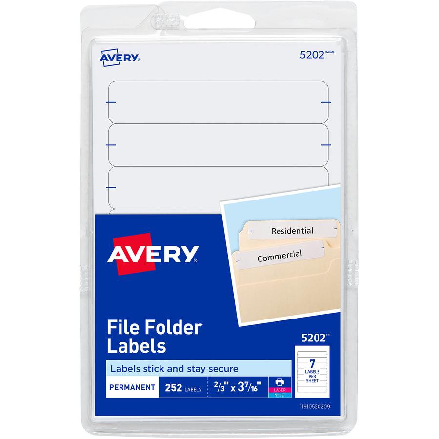 Avery&reg; Permanent File Folder Labels - 11/16" x 3 7/16" Length - Permanent Adhesive - Rectangle - Laser, Inkjet - White - 7 / Sheet - 252 / Pack. Picture 4