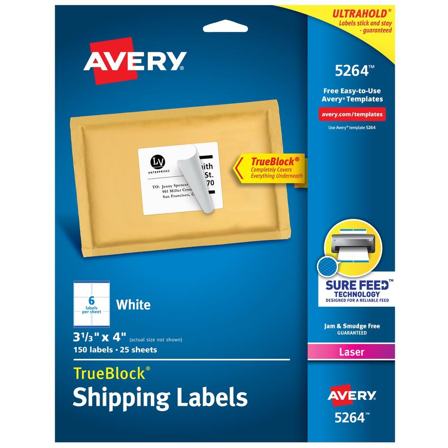 Avery&reg; Shipping Labels, Sure Feed, 3-1/3" x 4" , 150 White Labels (5264) - 3 21/64" Width x 4" Length - Permanent Adhesive - Rectangle - Laser - White - Paper - 6 / Sheet - 25 Total Sheets - 150 T. Picture 3