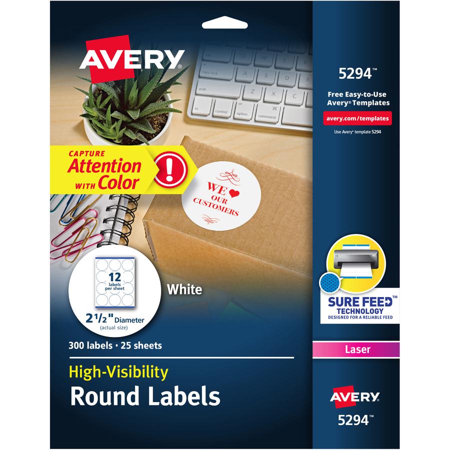 Avery&reg; Round High Visibility Labels - - Width2 1/2" Diameter - Permanent Adhesive - Round - Laser - White - Paper - 12 / Sheet - 25 Total Sheets - 300 Total Label(s) - 300 / Pack. Picture 2