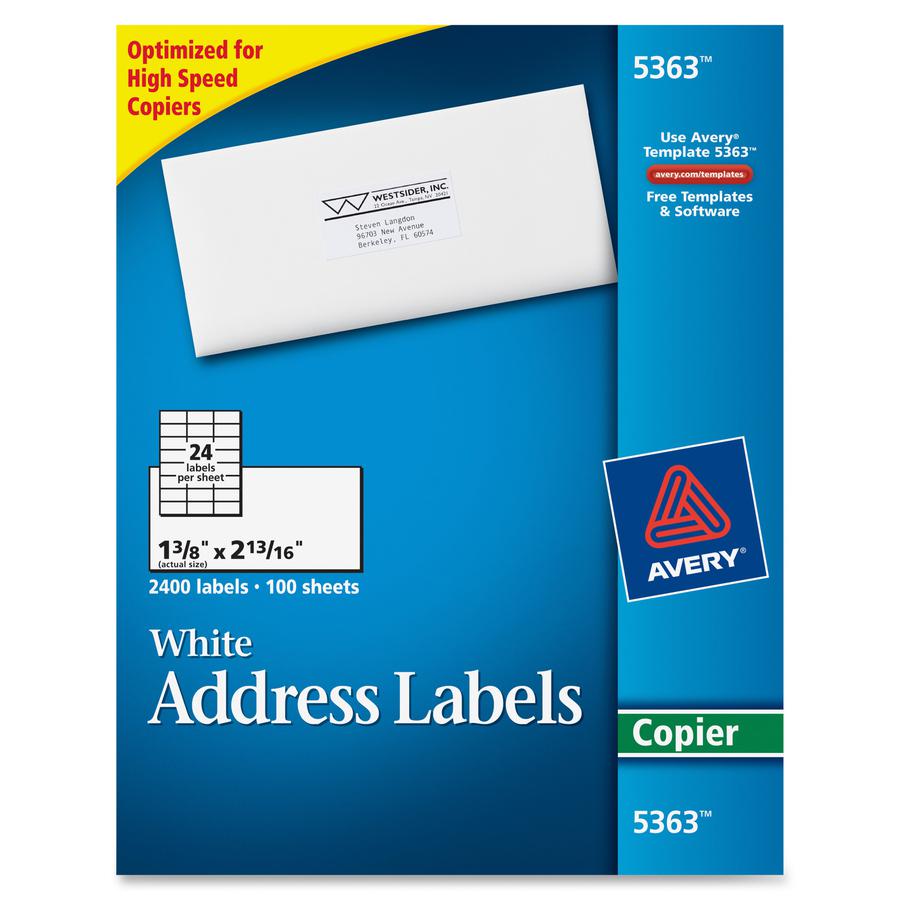 Avery&reg; Copier Address Labels - 1 3/8" Width x 2 13/16" Length - Permanent Adhesive - Rectangle - White - Paper - 24 / Sheet - 100 Total Sheets - 2400 Total Label(s) - 2400 / Box. Picture 2