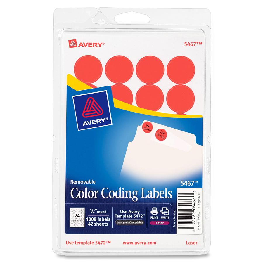 Avery&reg; Color-Coding Labels - - Height3/4" Diameter - Removable Adhesive - Round - Laser - Neon Red - 24 / Sheet - 1008 / Pack. Picture 2