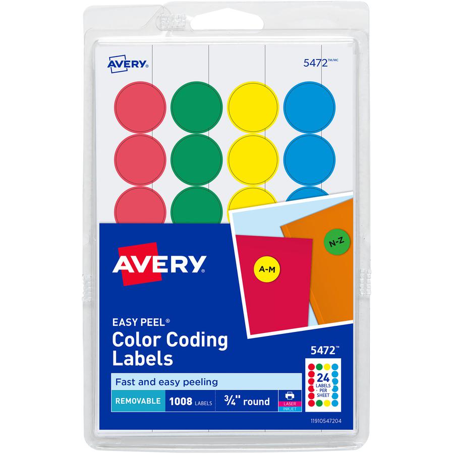 Avery&reg; Removable Print or Write Color Coding Labels - 3/4" Diameter - Removable Adhesive - Round - Laser, Inkjet - Blue, Green, Red, Yellow - Paper - 24 / Sheet - 42 Total Sheets - 1008 Total Labe. Picture 2