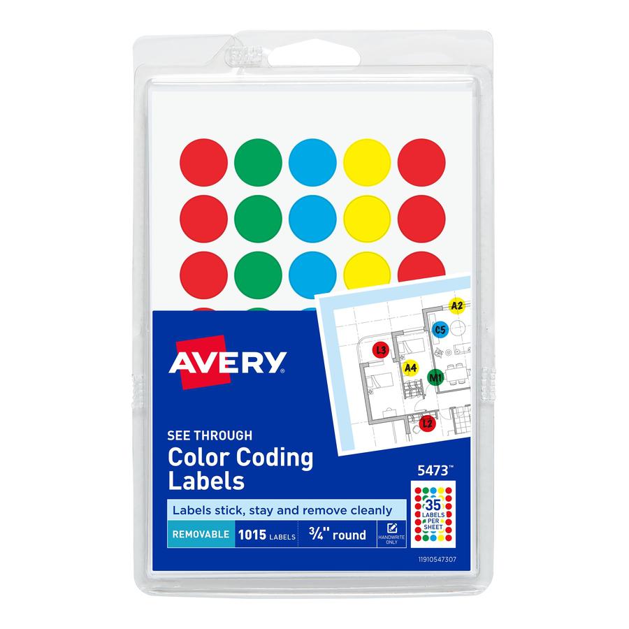 Avery&reg; Color Coded Label - - Width3/4" Diameter - Removable Adhesive - Round - Green, Light Blue, Red, Yellow - Film - 35 / Sheet - 29 Total Sheets - 1015 Total Label(s) - 1000 / Pack. Picture 2