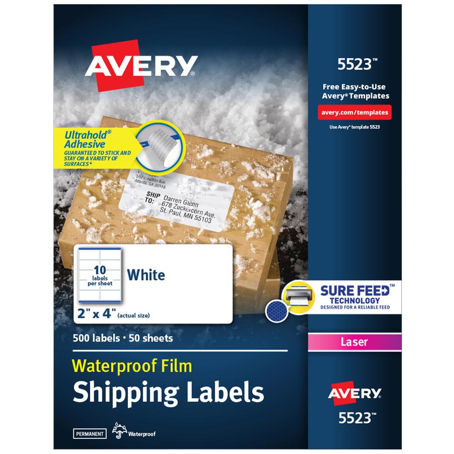 Avery&reg; Weatherproof Mailing Labels - 2" Width x 4" Length - Permanent Adhesive - Rectangle - Laser - White - Film - 10 / Sheet - 50 Total Sheets - 500 Total Label(s) - 5. Picture 5
