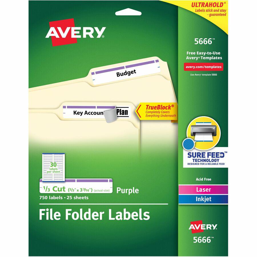 Avery&reg; TrueBlock File Folder Labels - Permanent Adhesive - Rectangle - Laser, Inkjet - Purple - Paper - 30 / Sheet - 25 Total Sheets - 750 Total Label(s) - 750 / Pack. Picture 13