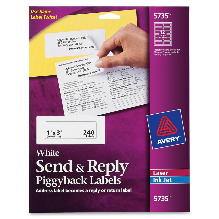 Avery&reg; Send & Reply Piggyback Labels - 1" Width x 3" Length - Permanent Adhesive - Rectangle - Laser, Inkjet - White - Paper - 12 / Sheet - 20 Total Sheets - 240 Total Label(s) - 240 / Pack. Picture 7
