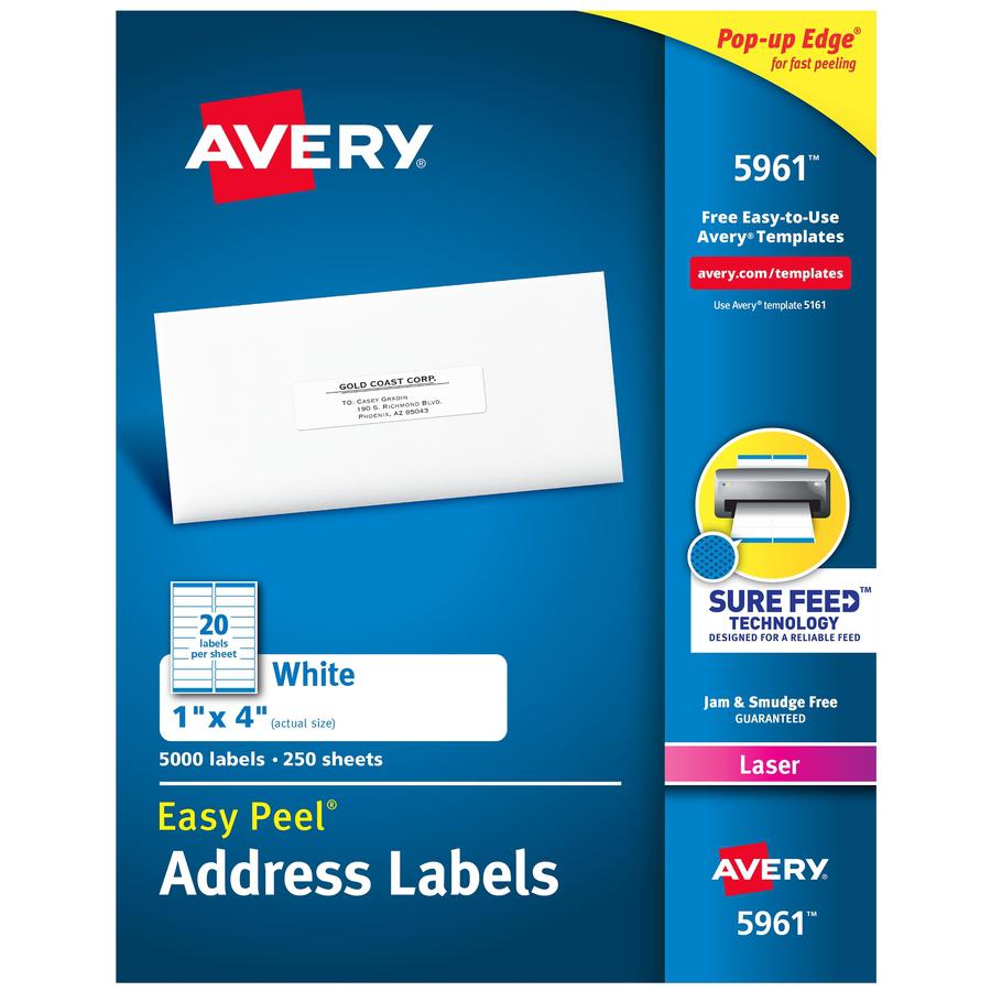 Avery&reg; Easy Peel Address Labels - 1" Width x 4" Length - Permanent Adhesive - Rectangle - Laser - White - Paper - 20 / Sheet - 250 Total Sheets - 5000 Total Label(s) - 5000 / Box. Picture 5