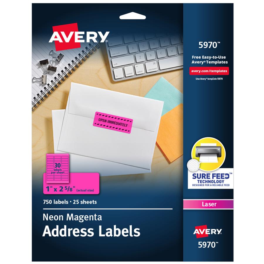 Avery&reg; Shipping Labels - 1" Width x 2 5/8" Length - Permanent Adhesive - Rectangle - Laser - Neon Magenta - Paper - 30 / Sheet - 25 Total Sheets - 750 Total Label(s) - 750 / Pack. Picture 6