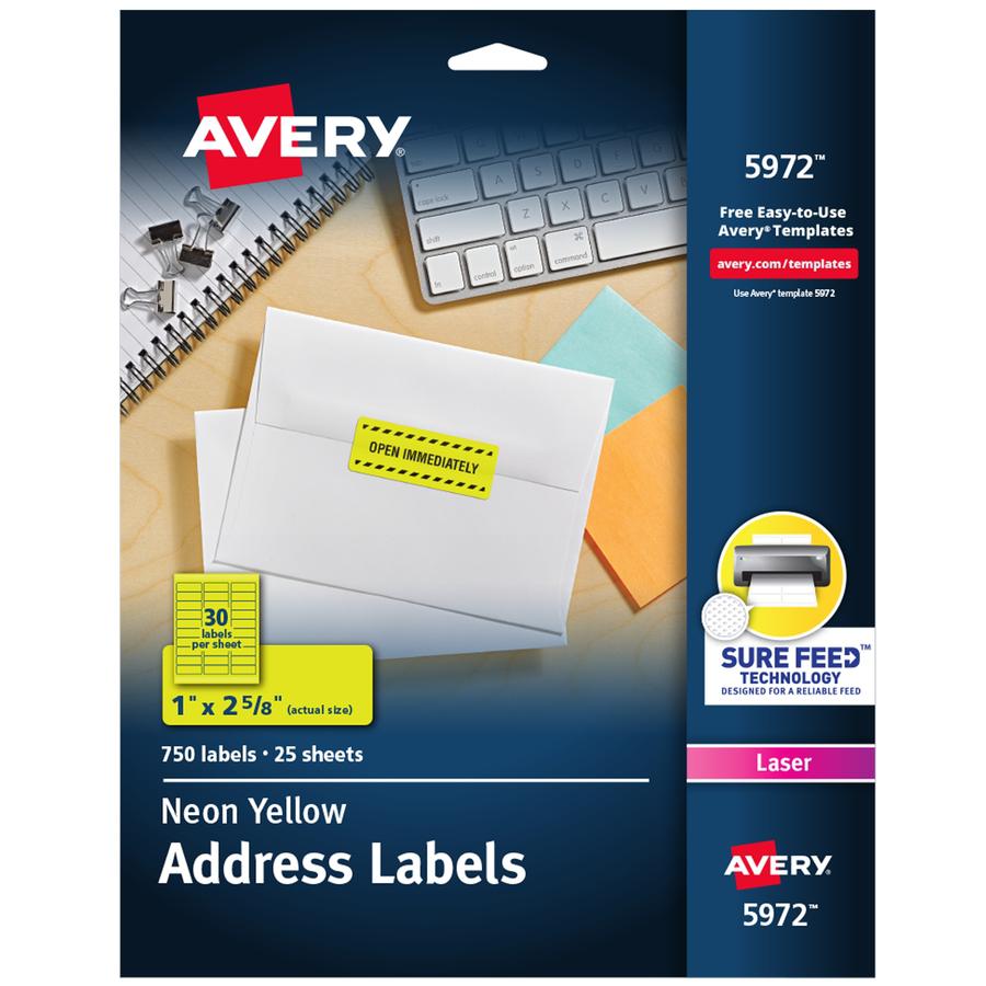 Avery&reg; Shipping Labels - 1" Width x 2 5/8" Length - Permanent Adhesive - Rectangle - Laser - Neon Yellow - Paper - 30 / Sheet - 25 Total Sheets - 750 Total Label(s) - 750 / Pack. Picture 8