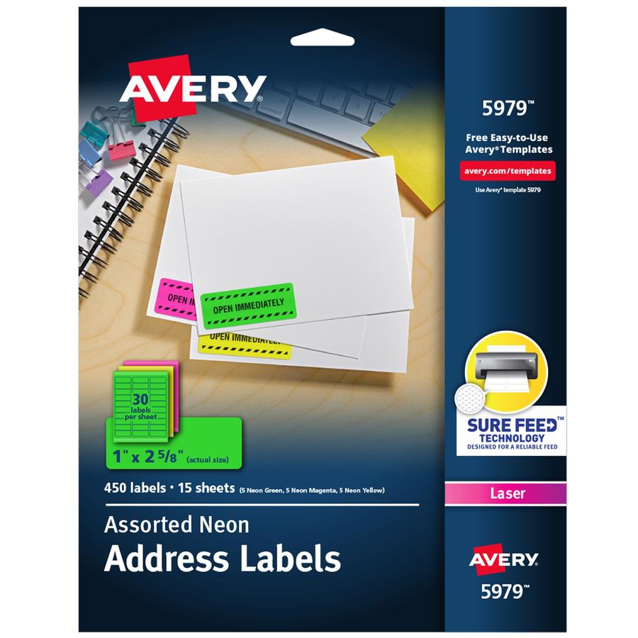 Avery&reg; Shipping Labels - 1" Width x 2 5/8" Length - Permanent Adhesive - Rectangle - Laser - Neon Magenta, Neon Green, Neon Yellow - Paper - 30 / Sheet - 15 Total Sheets - 450 Total Label(s) - 450. Picture 3