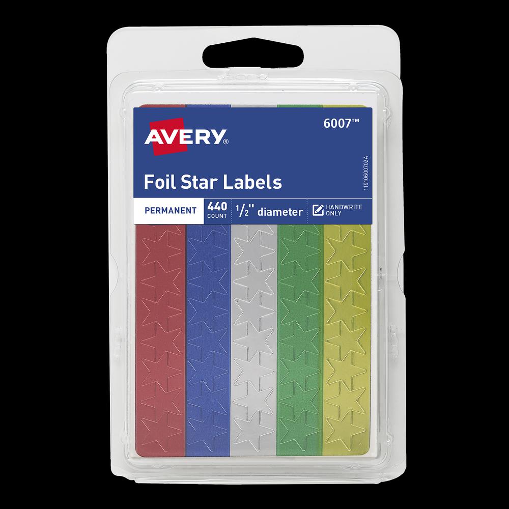 Avery&reg; Assorted Foil Star Labels - Learning Theme/Subject - Permanent Adhesive - 0.50" Height - Red, Blue, Silver, Green, Gold - Paper - 6. Picture 2