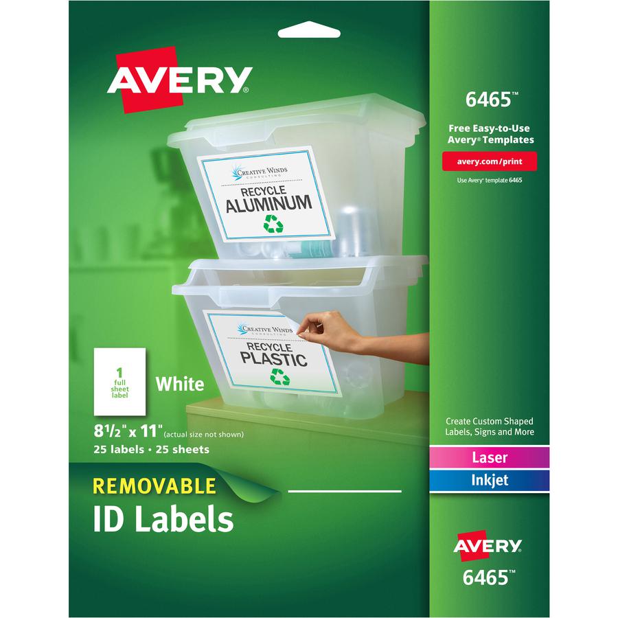 Avery&reg; ID Label - 8 1/2" Width x 11" Length - Removable Adhesive - Rectangle - Laser, Inkjet - White - Paper - 1 / Sheet - 25 Total Sheets - 25 Total Label(s) - 5. Picture 2