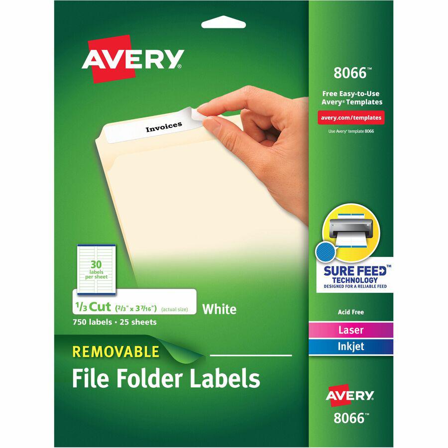 Avery&reg; Removable File Folder Labels - 21/32" Width x 3 7/16" Length - Removable Adhesive - Rectangle - Laser, Inkjet - White - Paper - 30 / Sheet - 25 Total Sheets - 750 Total Label(s) - 750 / Pac. Picture 10