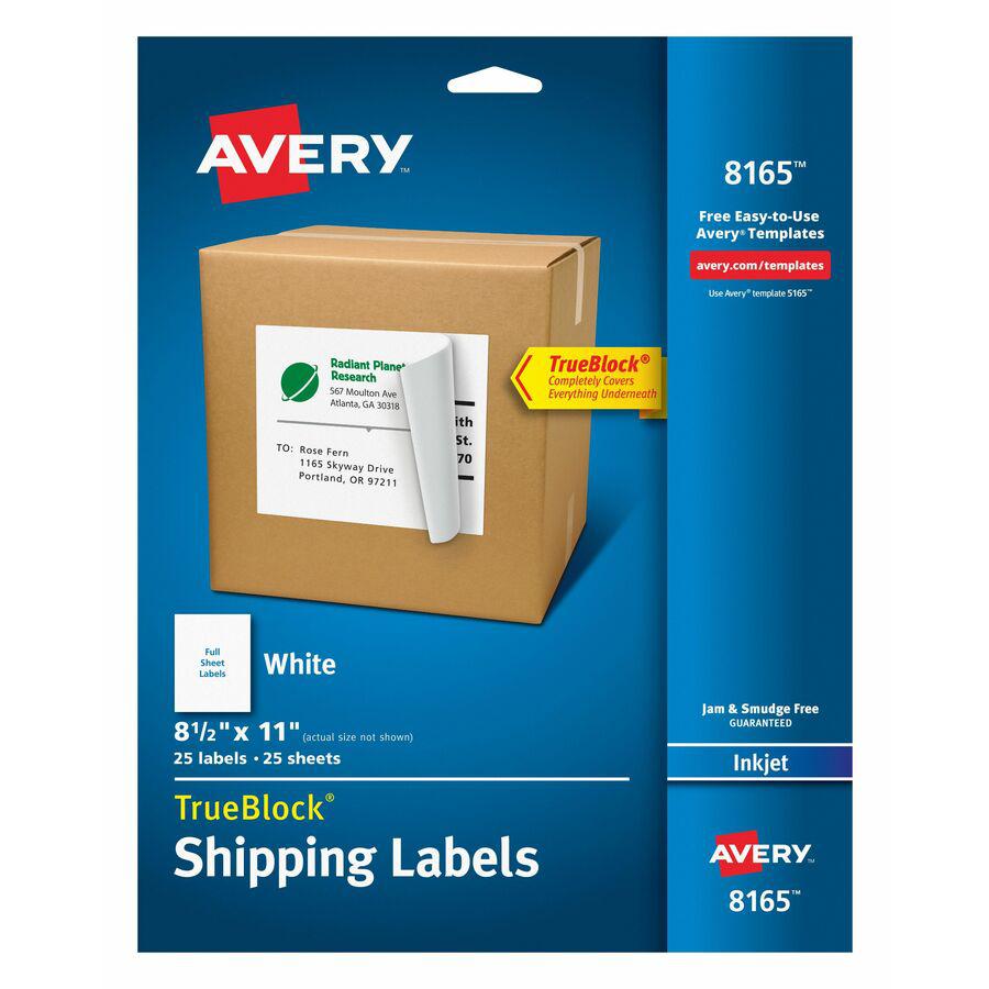 Avery&reg; TrueBlock Shipping Labels, 8-1/2" x 11" , 25 Labels (8165) - 8 1/2" Width x 11" Length - Permanent Adhesive - Inkjet - White - Paper - 1 / Sheet - 25 Total Sheets - 25 Total Label(s) - 25 /. Picture 6