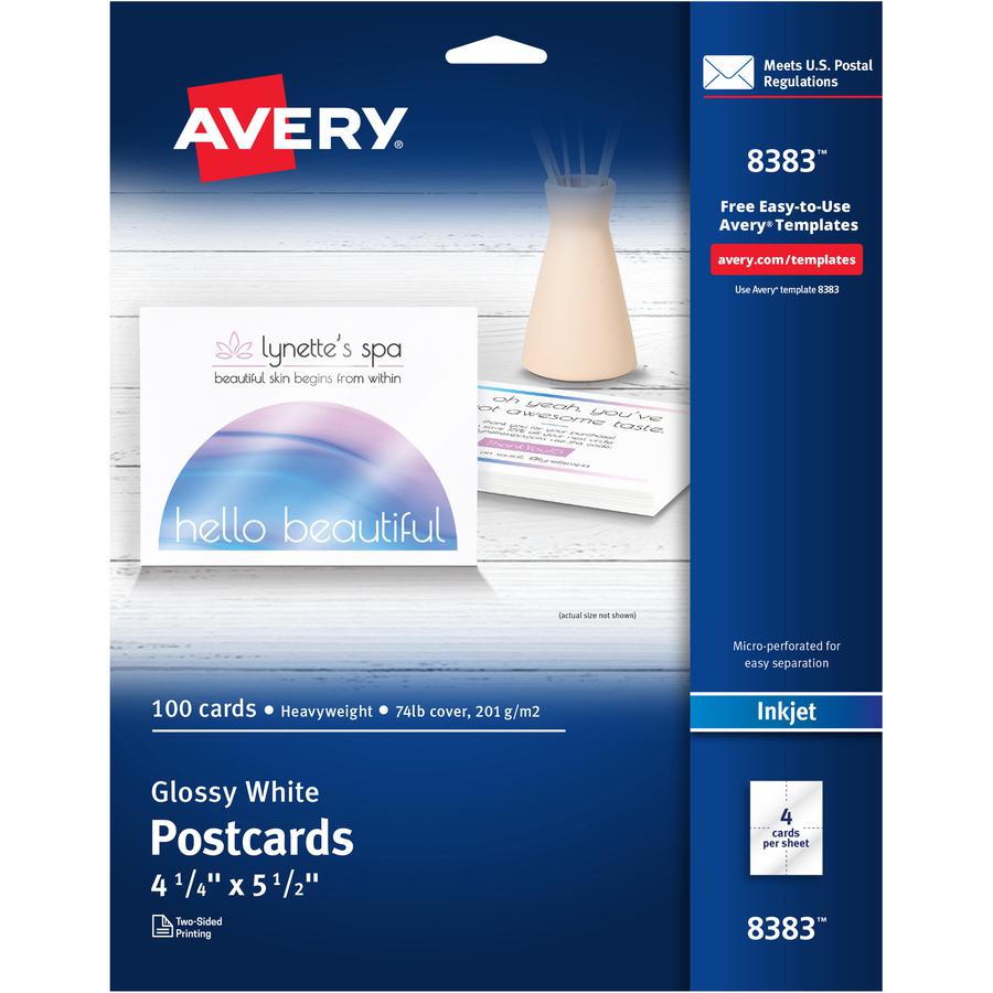 Avery&reg; Postcards - 98 Brightness - 5 1/2" x 4 1/4" - Glossy - 100 / Pack - Perforated, Heavyweight, Rounded Corner, Double-sided, Recyclable - White. Picture 2