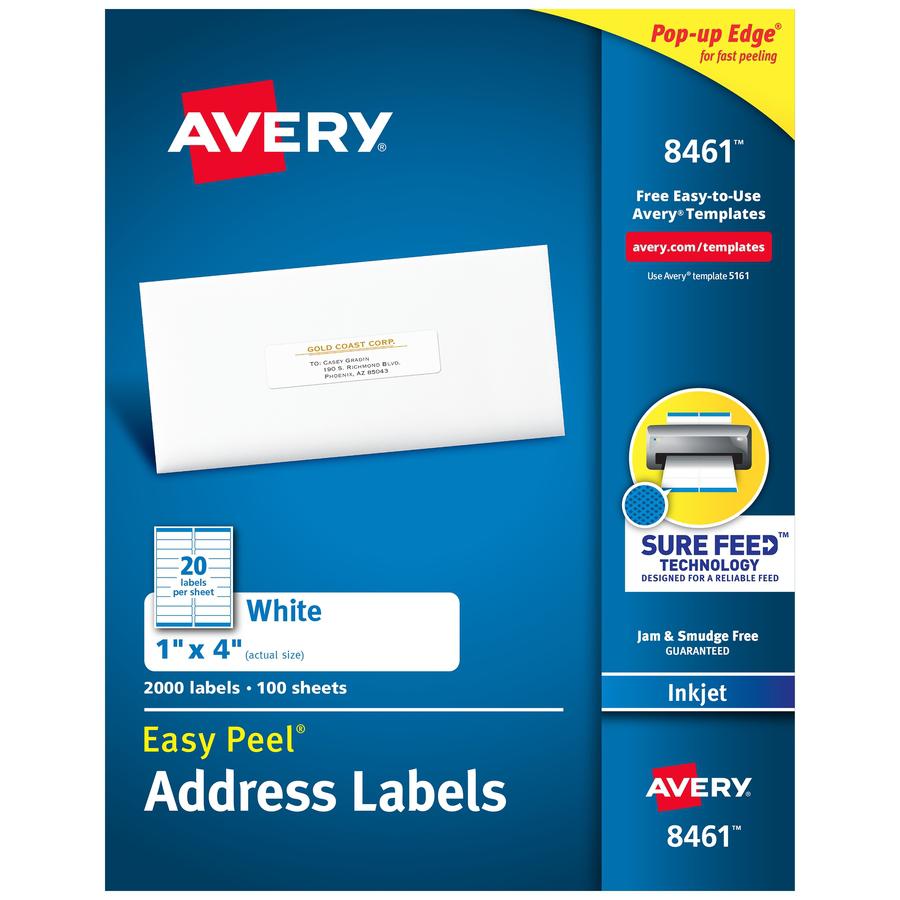 Avery&reg; Easy Peel White Inkjet Mailing Labels - 1" Width x 4" Length - Permanent Adhesive - Rectangle - Inkjet - White - Paper - 20 / Sheet - 100 Total Sheets - 2000 Total Label(s) - 2000 / Box. Picture 5