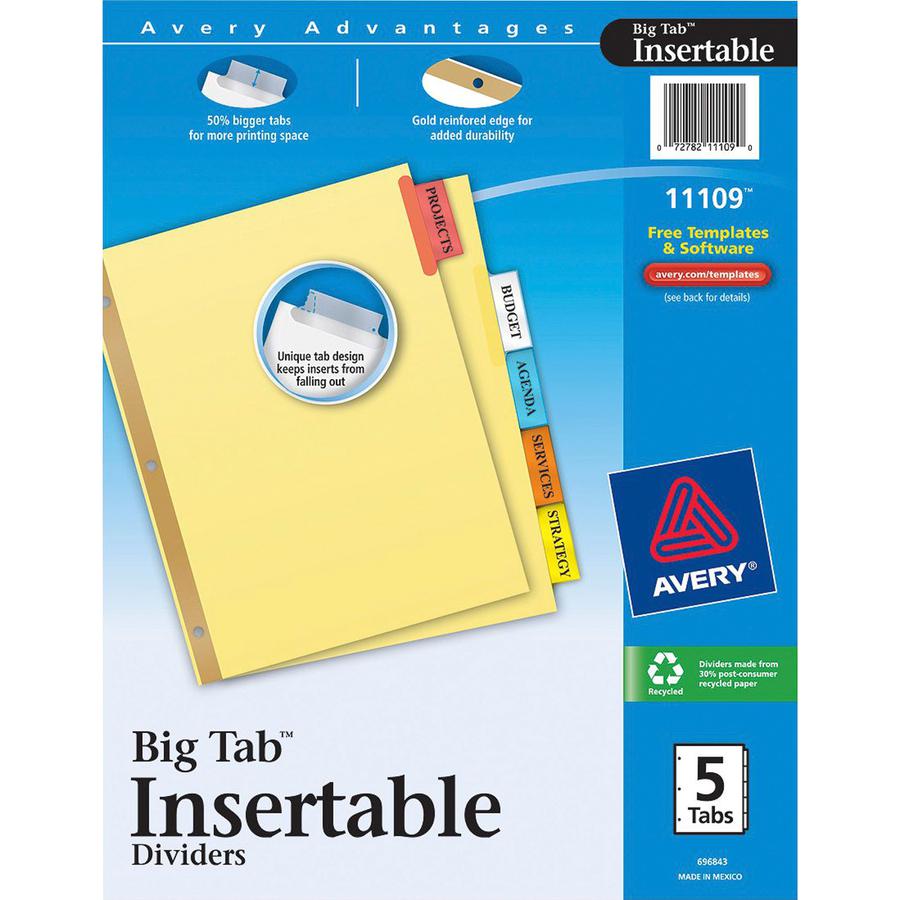 Avery&reg; Big Tab Insertable Dividers - Reinforced Gold Edge - 5 Blank Tab(s) - 5 Tab(s)/Set - 8.5" Divider Width x 11" Divider Length - Letter - 3 Hole Punched - Buff Paper Divider - Multicolor Tab(. Picture 3