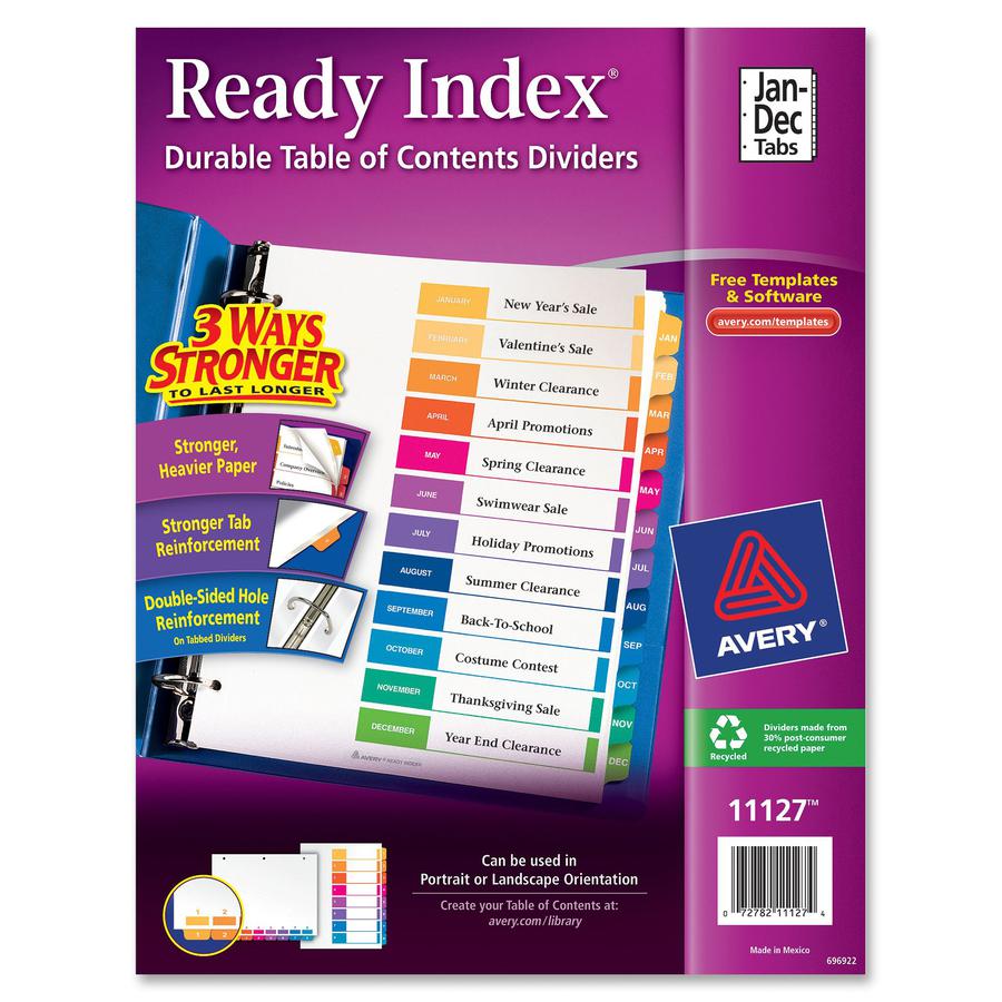 Avery&reg; Ready Index Binder Dividers - Customizable Table of Contents - 12 x Divider(s) - Printed Tab(s) - Month - Jan-Dec - 12 Tab(s)/Set - 8.5" Divider Width x 11" Divider Length - Letter - 3 Hole. Picture 2