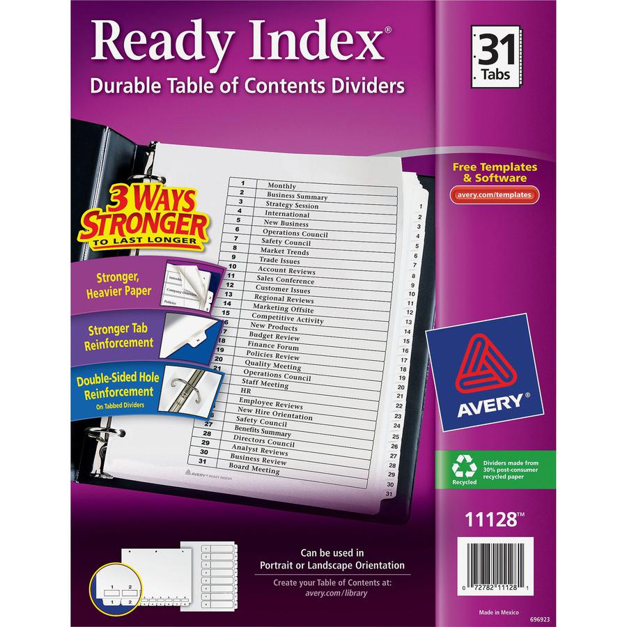 Avery&reg; Ready Index Binder Dividers - Customizable Table of Contents - 31 x Divider(s) - Printed Tab(s) - Digit - 1-31 - 31 Tab(s)/Set - 8.5" Divider Width x 11" Divider Length - Letter - 3 Hole Pu. Picture 4
