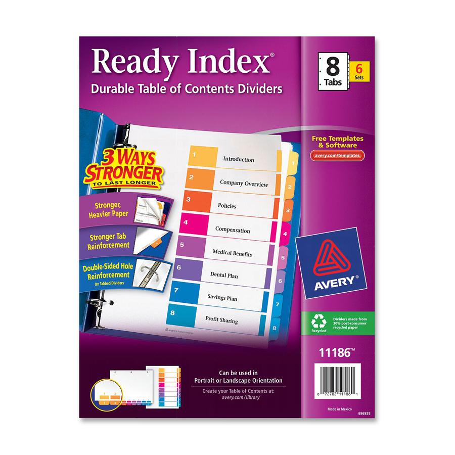 Avery&reg; Ready Index Custom TOC Binder Dividers - 48 x Divider(s) - 1-8 - 8 Tab(s)/Set - 8.5" Divider Width x 11" Divider Length - 3 Hole Punched - White Paper Divider - Multicolor Paper Tab(s) - Re. Picture 4