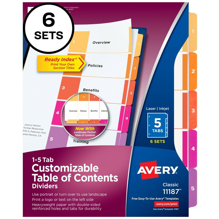 Avery&reg; Ready Index&reg; Table of Content Dividersfor Laser and Inkjet Printers - 30 x Divider(s) - 1-5 - 5 Tab(s)/Set - 8.5" Divider Width x 11" Divider Length - 3 Hole Punched - White Paper Divid. Picture 2
