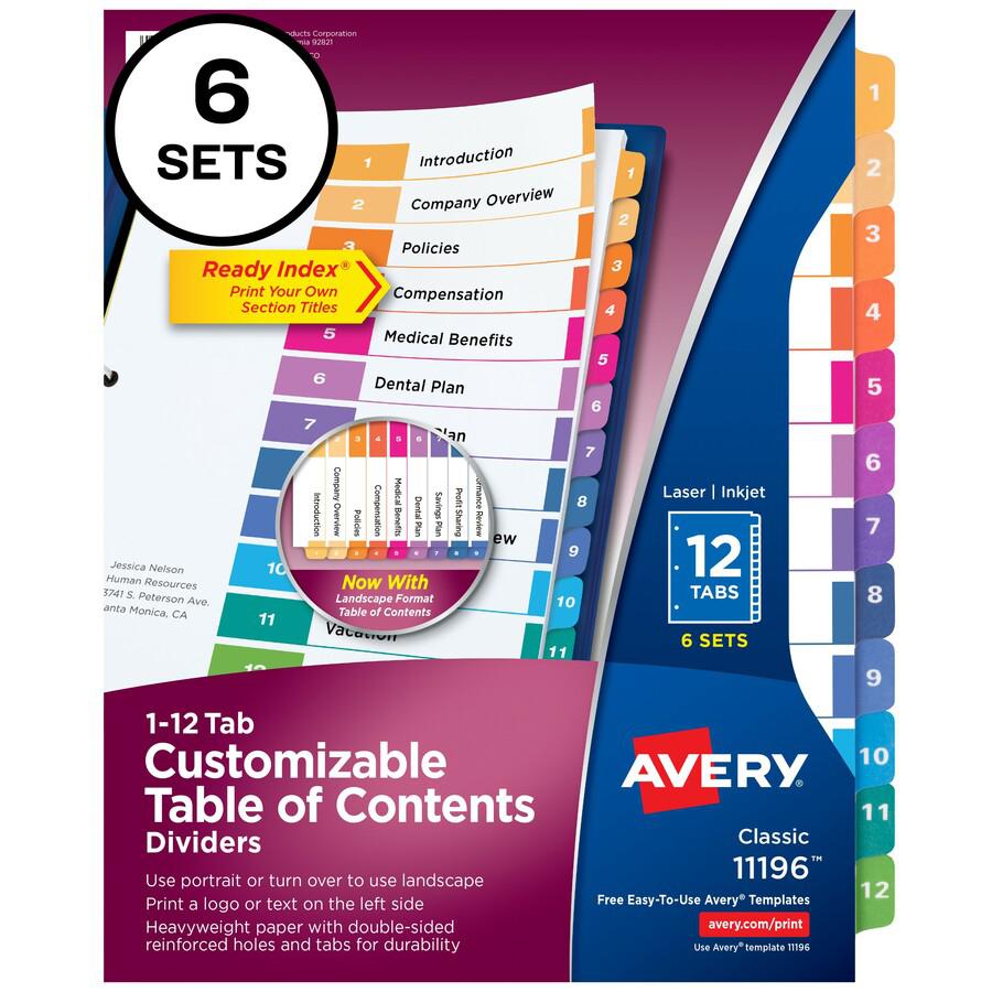 Avery&reg; Ready Index&reg; Table of Content Dividers for Laser and Inkjet Printers - 72 x Divider(s) - 1-12 - 12 Tab(s)/Set - 8.5" Divider Width x 11" Divider Length - 3 Hole Punched - White Paper Di. Picture 2